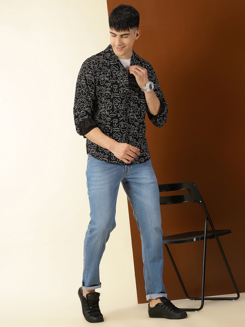 Thomas Scott Men Black Regular Fit 100% Cotton Conversational Printed Casual Shirt with Long Sleeves & Cuban Collar