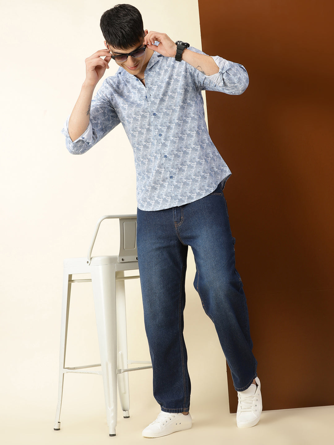 Thomas Scott Men Blue Regular Fit 100% Cotton Graphic Printed Casual Shirt with Long Sleeves & Cuban Collar