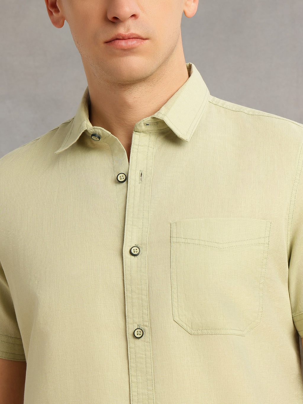 Thomas Scott Men Pista Short Sleeves Regular Fit Spread Collar Solid Cotton Linen Casual Shirt