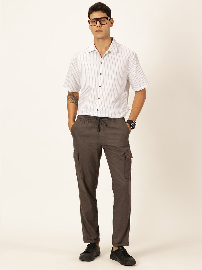 Thomas Scott Men Grey Straight Fit Mid-Rise Cotton Linen Solid Woven Cargo Trouser