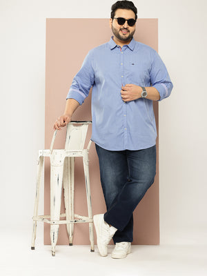 Oxford Blue Plus Size Regular Fit Long Sleeves Spread Collar Micro Checks 100% Cotton Casual Shirt For Men