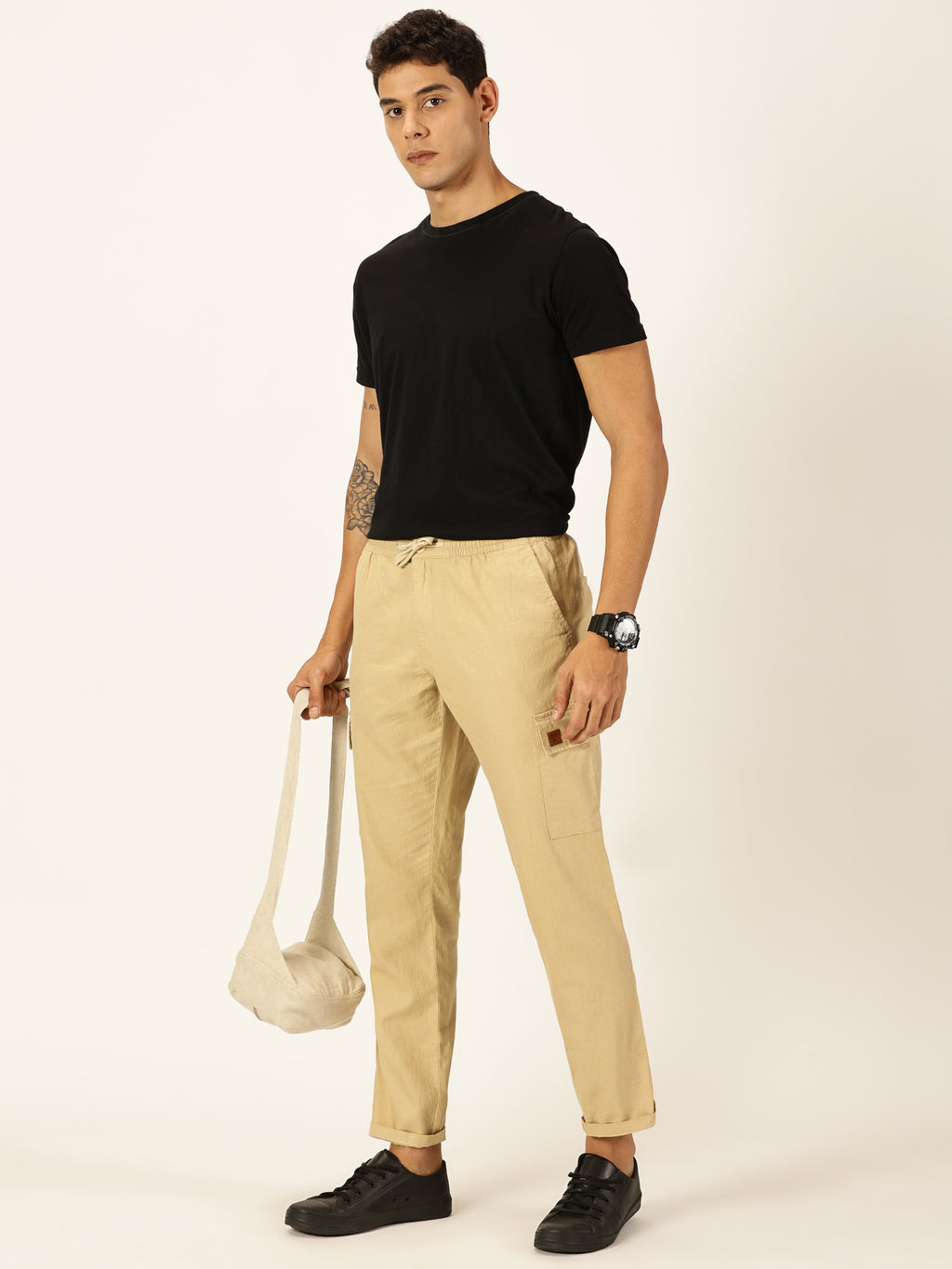 Thomas Scott Men Beige Straight Fit Mid-Rise Cotton Linen Solid Woven Cargo Trouser