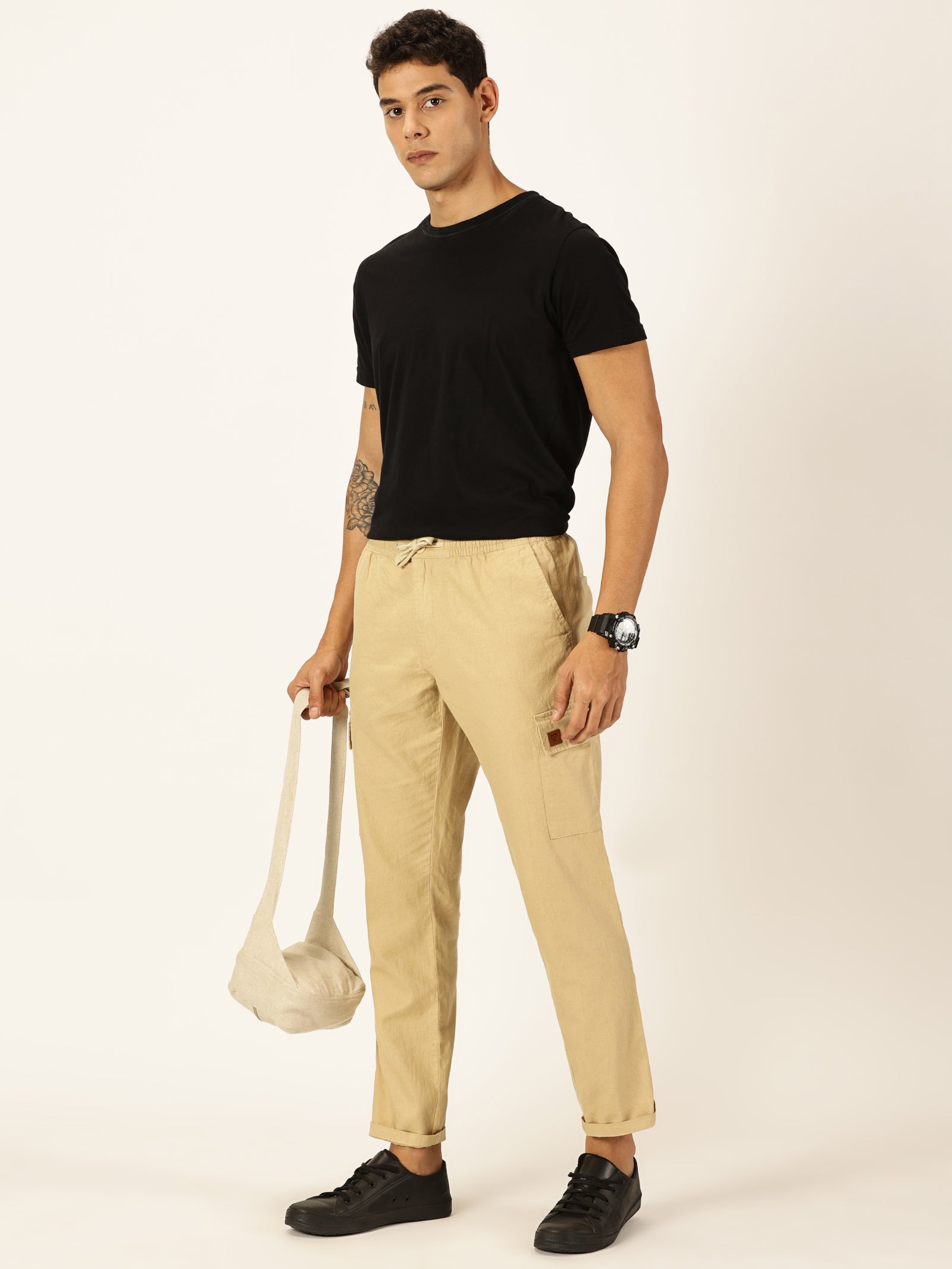 Thomas Scott Men Beige Straight Fit Mid-Rise Cotton Linen Solid Woven Cargo Trouser