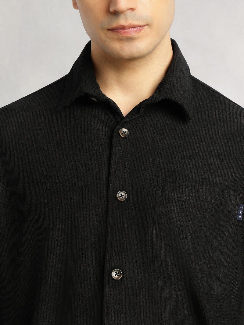 Thomas Scott Men Black Relaxed Fit Long Sleeves Spread Collar Corduroy Casual Shirt