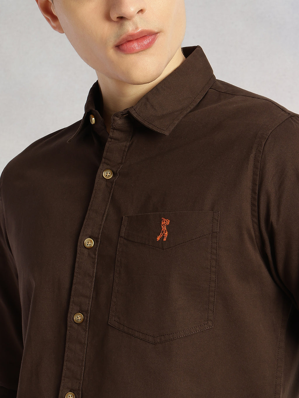 Thomas Scott Men Coffee Cricket Club Collection Long Sleeves Slim Fit Spread Collar 100% Cotton Twill Casual Shirt