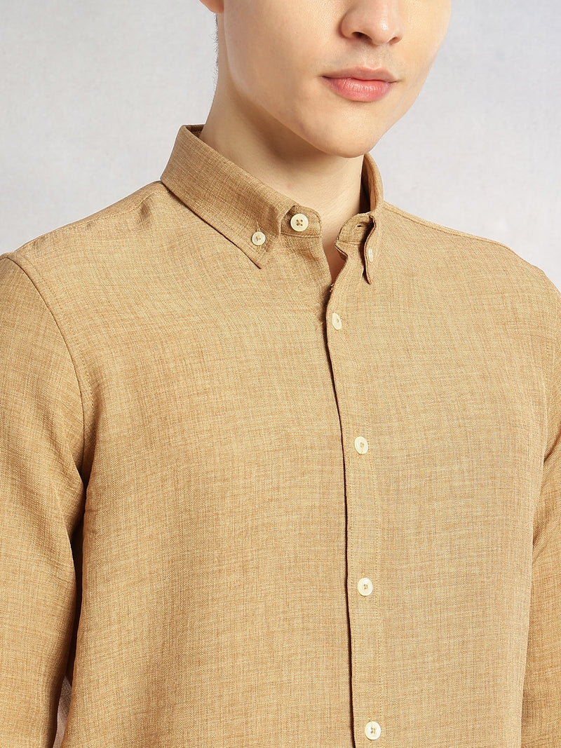 Thomas Scott Men Gold Slim Fit Long Sleeves Button-Down Collar Polyester Casual Shirt