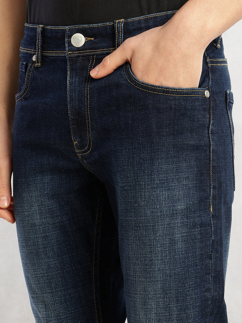 Thomas Scott Men Dark Blue Cricket Club Collection Straight Fit Mid-Rise Faded 5 Pockets Stretchable Jeans