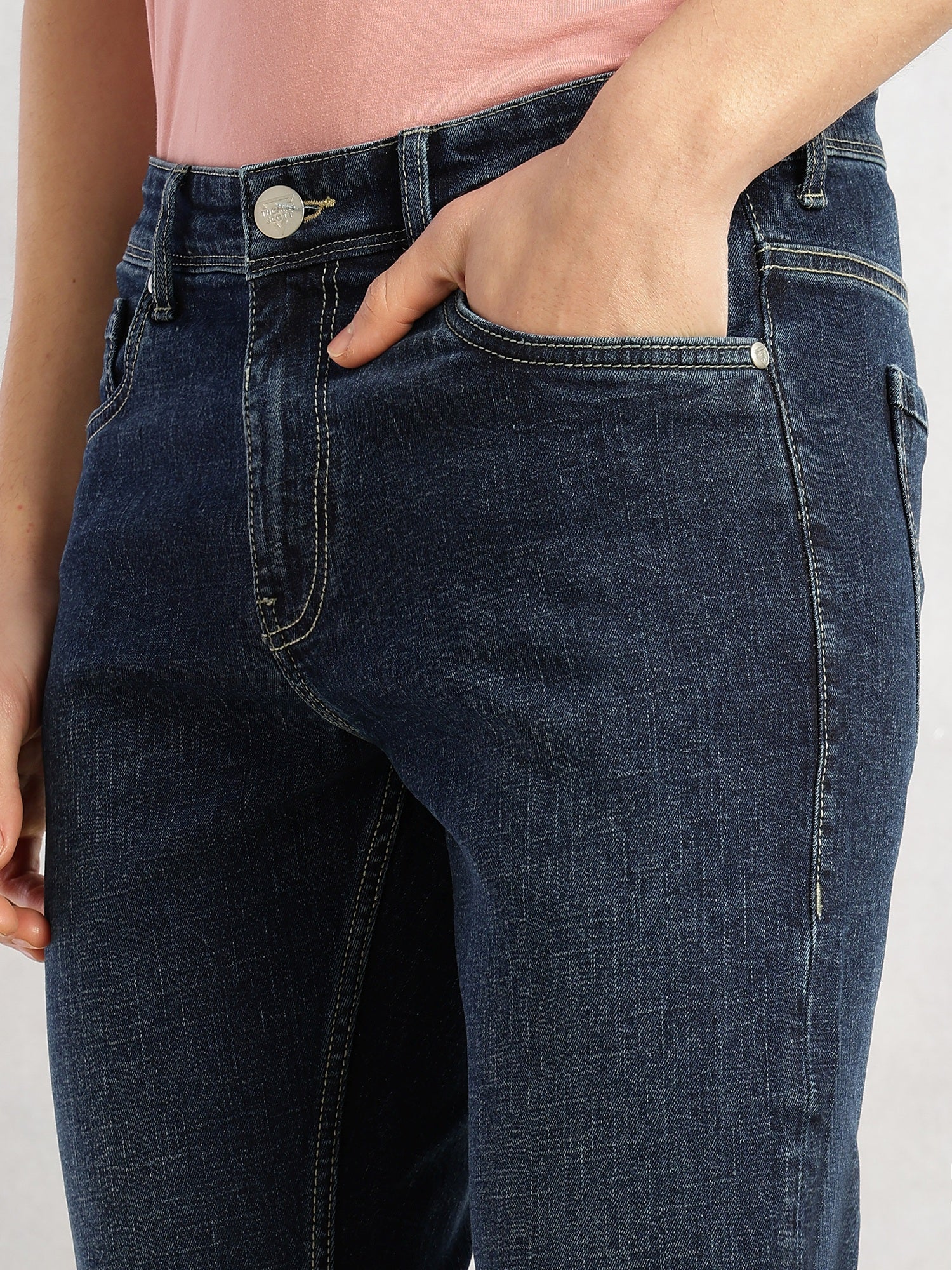 Thomas Scott Men Dark Blue Cricket Club Collection Straight Fit Mid-Rise Faded 5 Pockets Stretchable Jeans