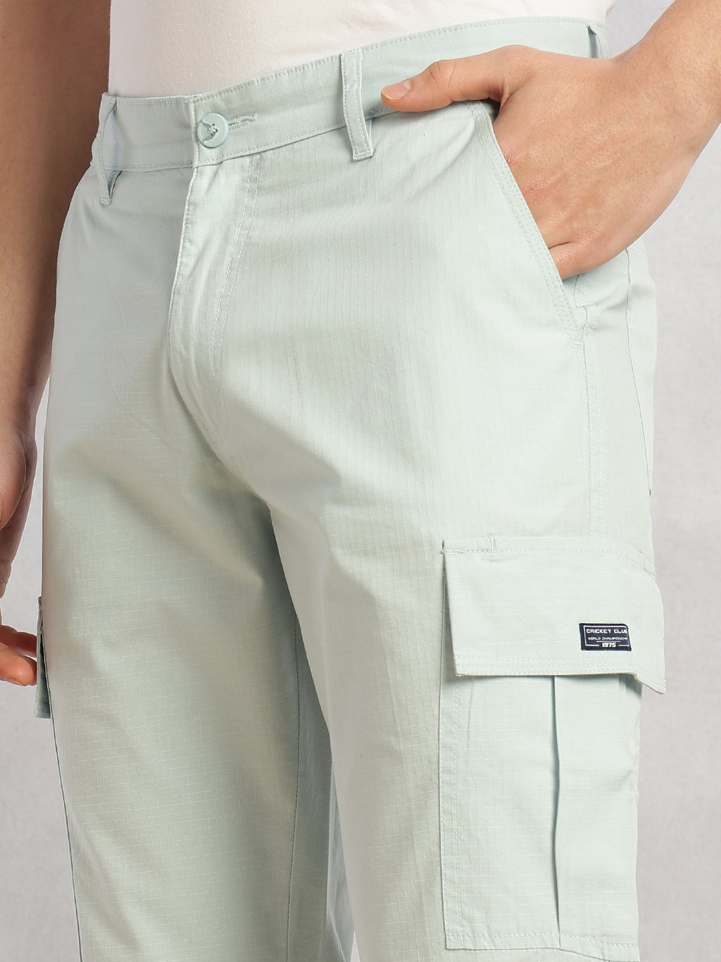 Thomas Scott Men Sky Blue Cricket Club Collection Relaxed Fit Mid-Rise 100% Cotton Woven Cargo Trouser