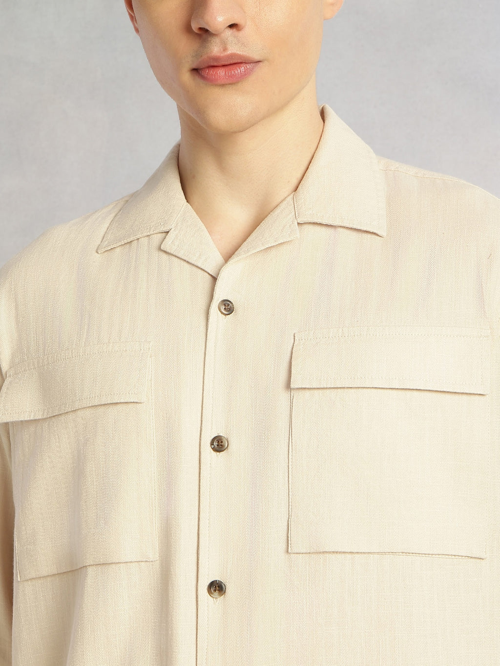 Thomas Scott Men Beige Cricket Club Collection Oversized Fit Long Sleeves Camp Collar 100% Cotton Shacket