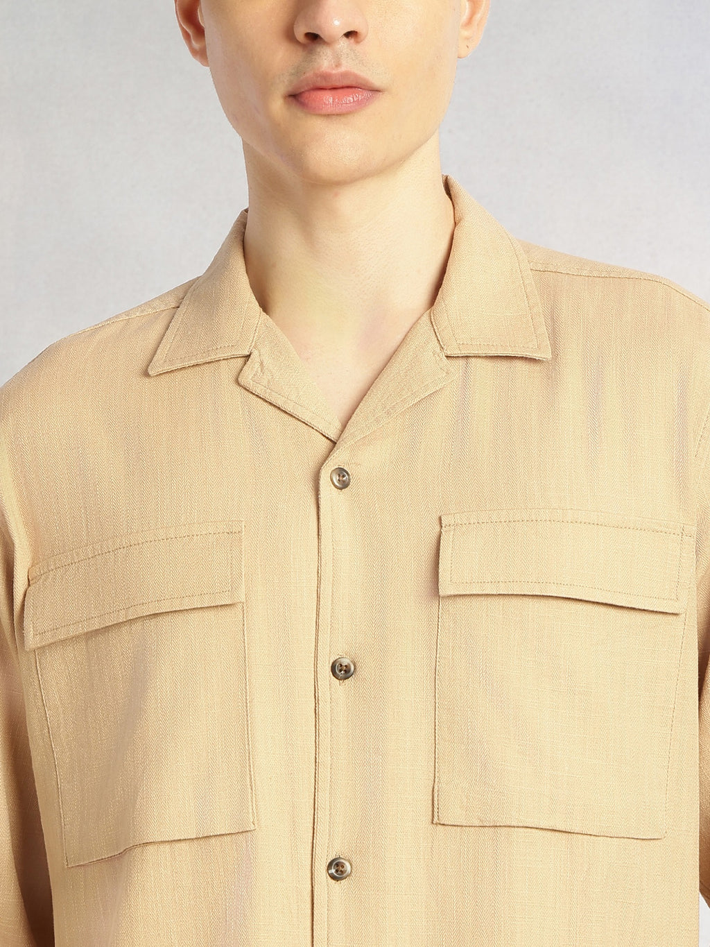 Thomas Scott Men Dark Beige Cricket Club Collection Oversized Fit Long Sleeves Camp Collar 100% Cotton Shacket