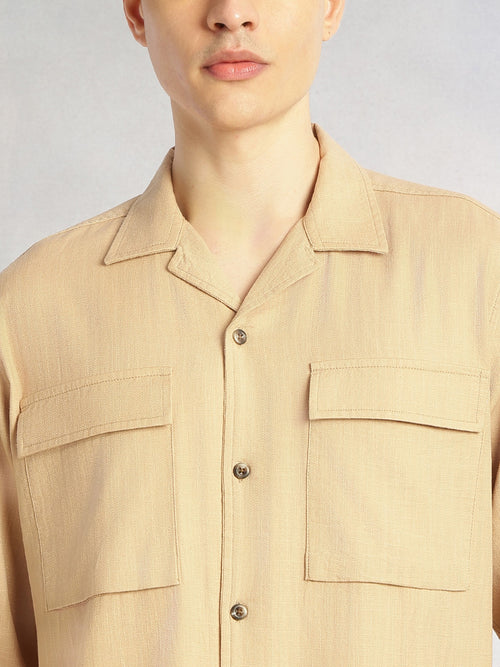 Thomas Scott Men Dark Beige Cricket Club Collection Oversized Fit Long Sleeves Camp Collar 100% Cotton Shacket