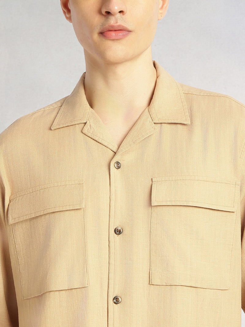 Thomas Scott Men Dark Beige Cricket Club Collection Oversized Fit Long Sleeves Camp Collar 100% Cotton Shacket