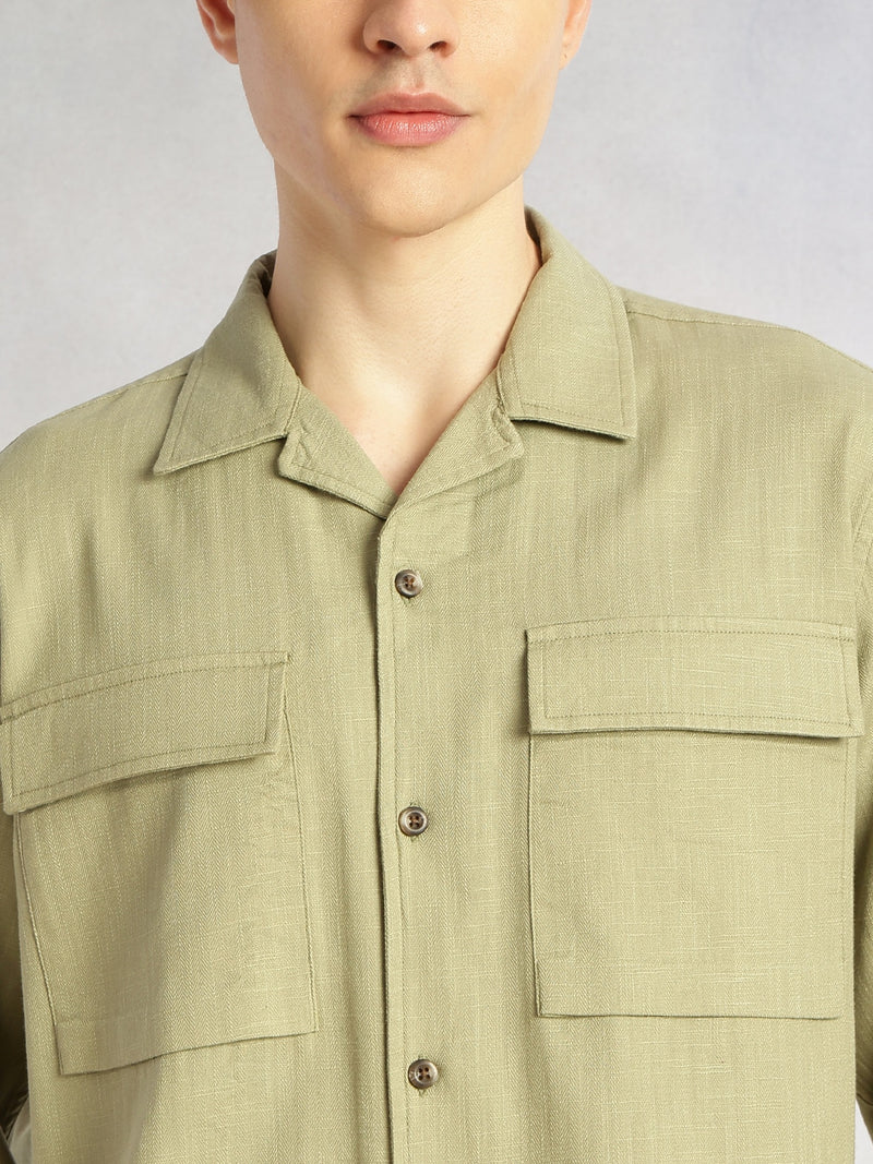 Thomas Scott Men Green Cricket Club Collection Oversized Fit Long Sleeves Camp Collar 100% Cotton Shacket