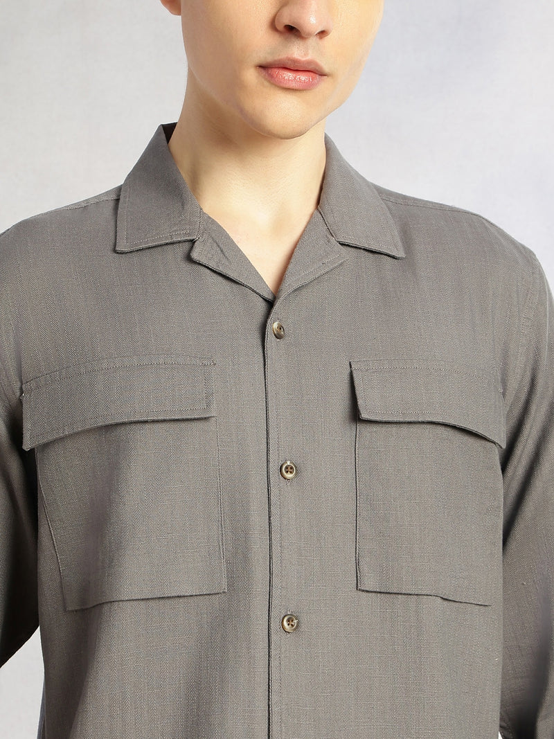 Thomas Scott Men Grey Cricket Club Collection Oversized Fit Long Sleeves Camp Collar 100% Cotton Shacket