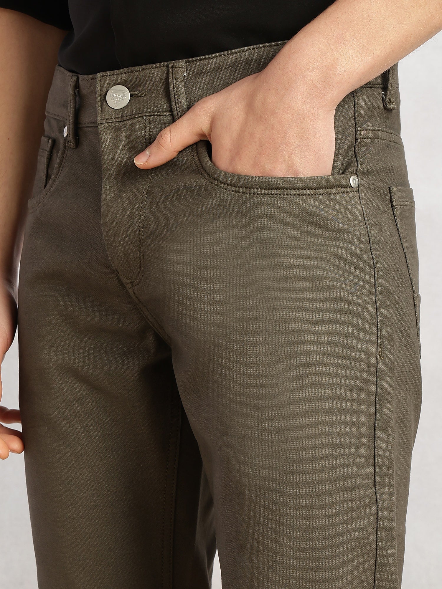 Thomas Scott Men Olive Cricket Club Collection Mid-Rise Straight Fit No Fade Stretchable Jeans