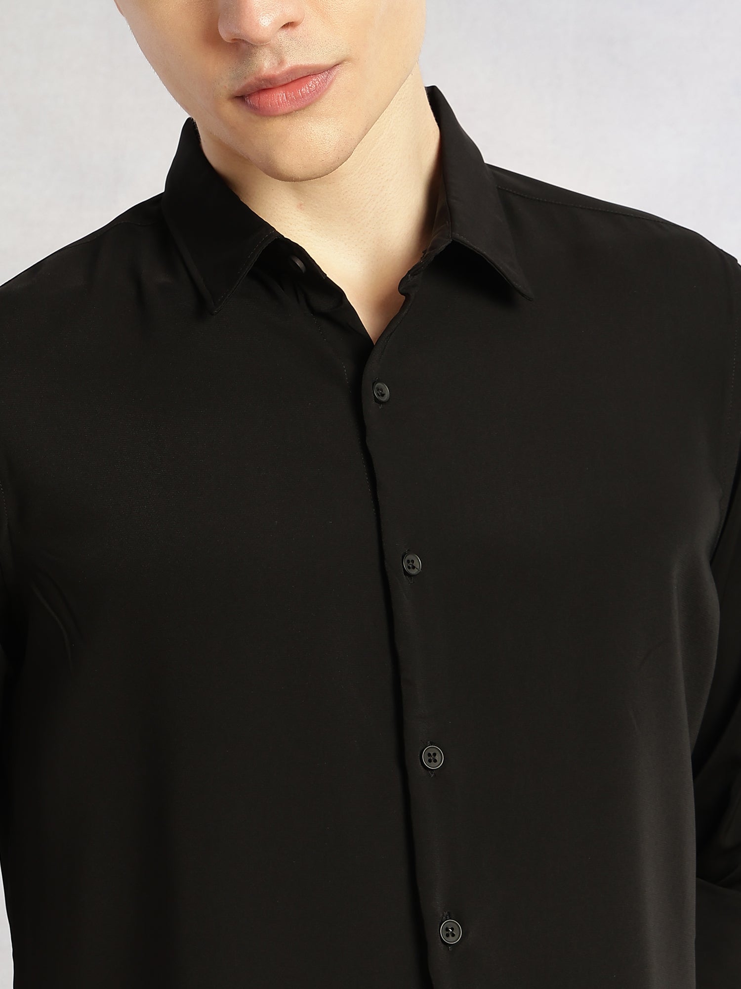 Thomas Scott Men Black Regular Fit Full Sleeves Spread Collar Solid Polyester Casual Shirt