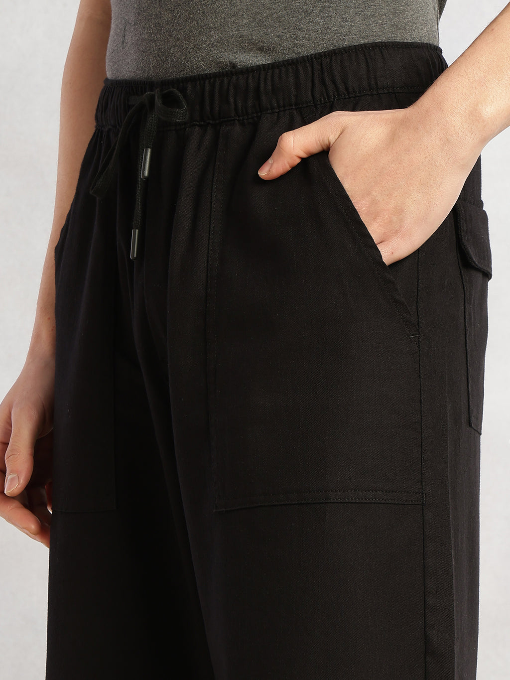 Thomas Scott Men Black Regular Fit Mid-Rise Solid Woven Trousers with Drawstring Closure & Four Pockets