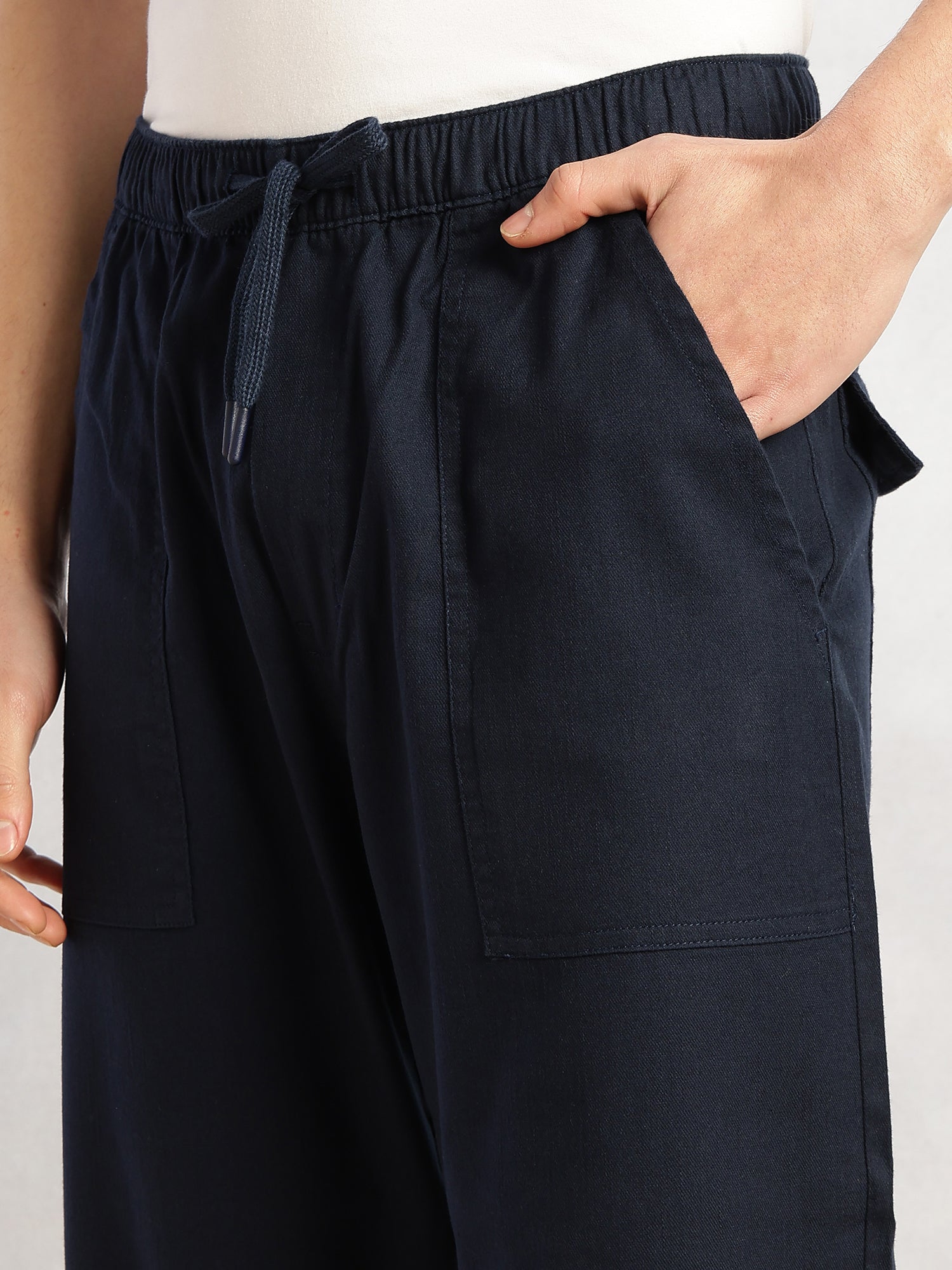 Thomas Scott Men Navy Regular Fit Mid-Rise Solid Woven Trousers with Drawstring Closure & Four Pockets