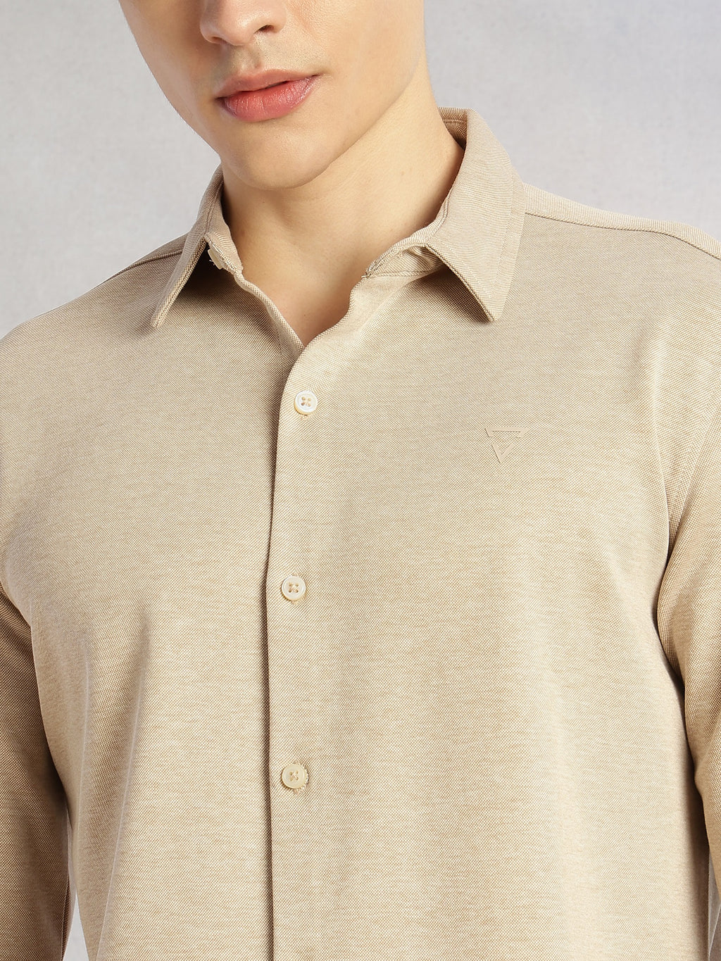 Thomas Scott Men Beige Slim Fit Long Sleeves Spread Collar Solid Knitted Shirt