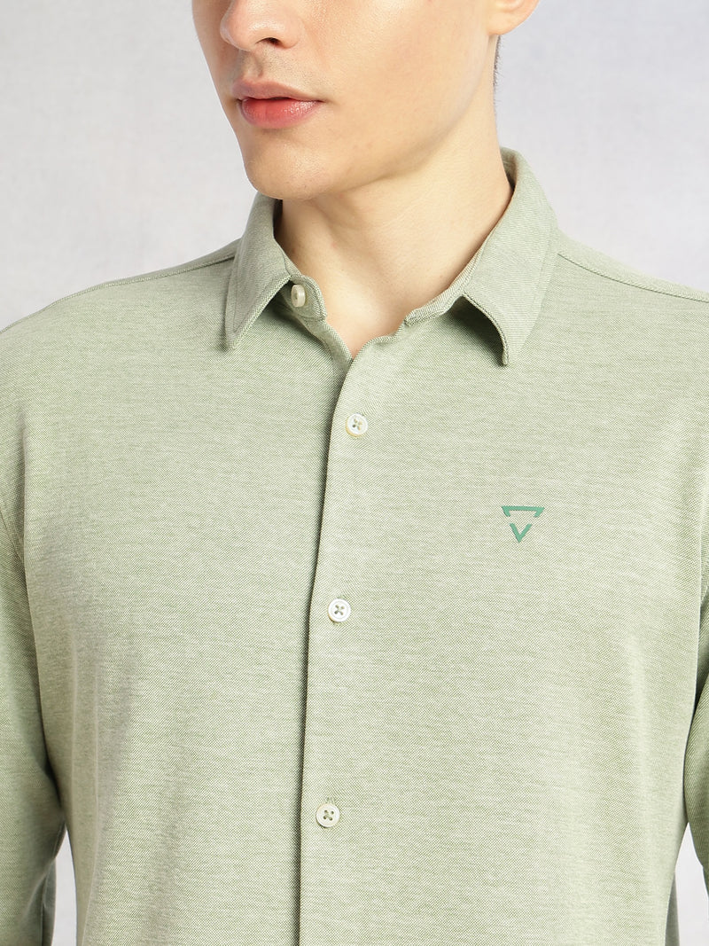Thomas Scott Men Sage Green Slim Fit Long Sleeves Spread Collar Solid Knitted Shirt