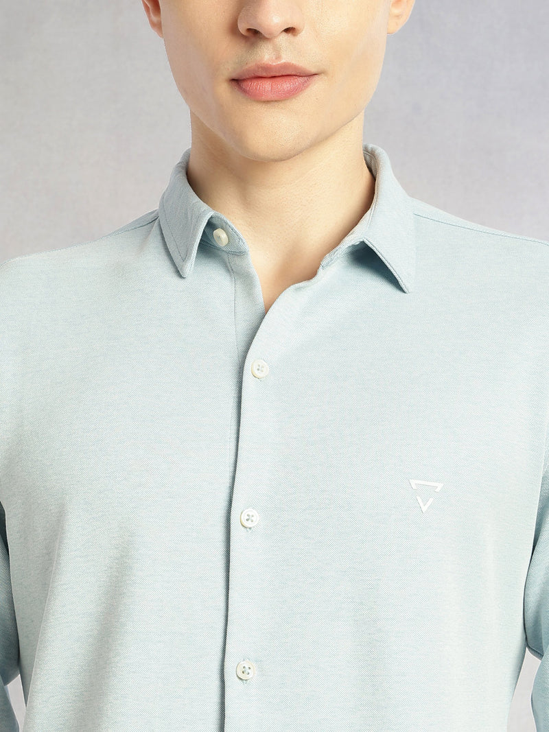 Thomas Scott Men Sky Blue Slim Fit Long Sleeves Spread Collar Solid Knitted Shirt