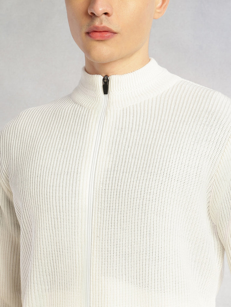 Thomas Scott Men White Regular Fit Long Sleeves Zip Closure Mock Collar Acrylic Knitted Sweatshirt