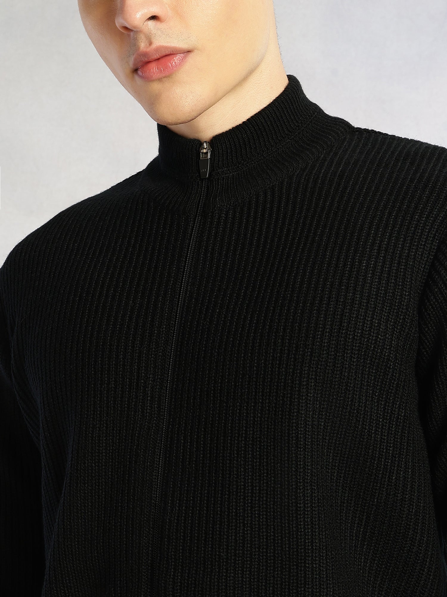 Thomas Scott Men Black Regular Fit Long Sleeves Zip Closure Mock Collar Acrylic Knitted Sweatshirt