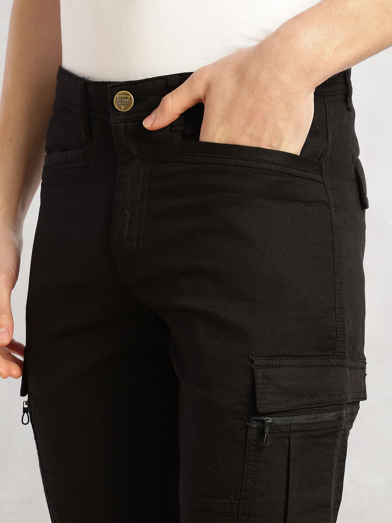 Thomas Scott Men Black Regular Fit Mid-Rise Solid Woven Utility Cargo Trouser