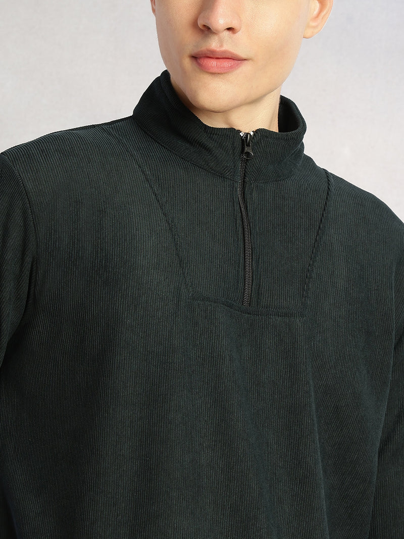 Thomas Scott Men Bottle Green Regular Fit Long Sleeves Mock Neck Half-Zip Solid Polyester Knitted Sweatshirt