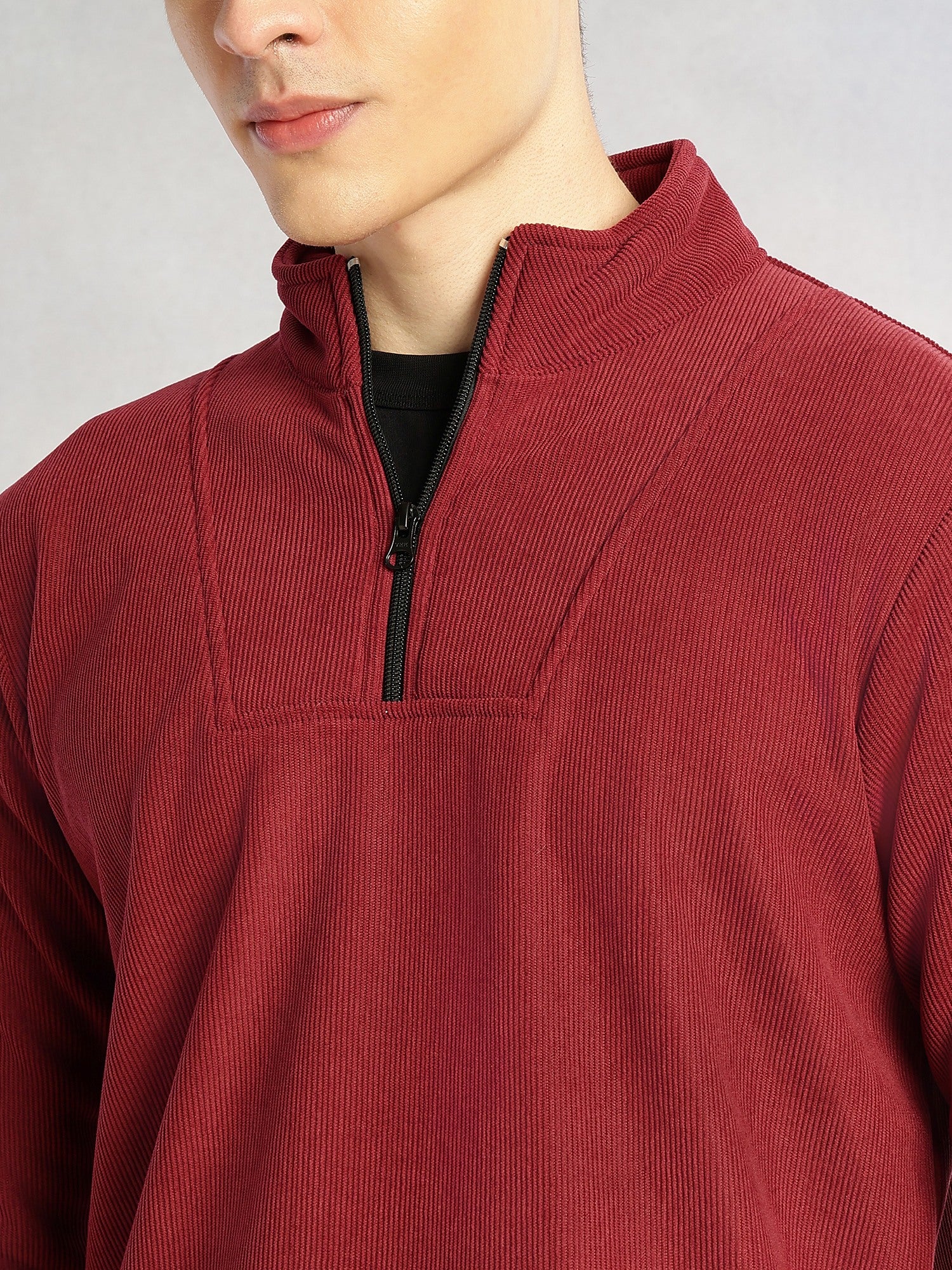 Thomas Scott Men Maroon Regular Fit Long Sleeves Mock Neck Half-Zip Solid Polyester Knitted Sweatshirt