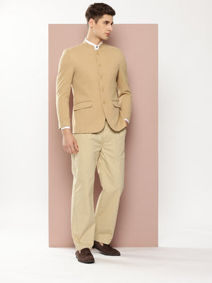 Thomas Scott Men Beige1 Regular Fit Mandarin Collar Long Sleeves Solid Formal and Wedding Wear Bandhgala Blazer