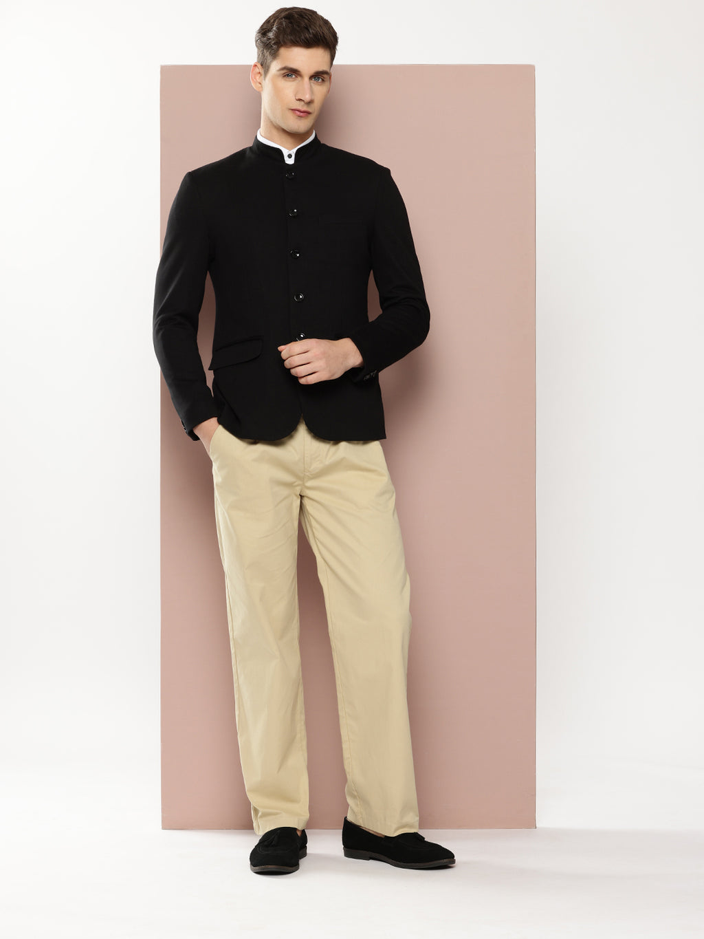 Thomas Scott Men Black1 Regular Fit Mandarin Collar Long Sleeves Solid Formal and Wedding Wear Bandhgala Blazer
