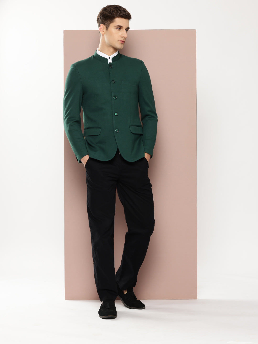 Thomas Scott Men Bottle Green1 Regular Fit Mandarin Collar Long Sleeves Solid Formal and Wedding Wear Bandhgala Blazer