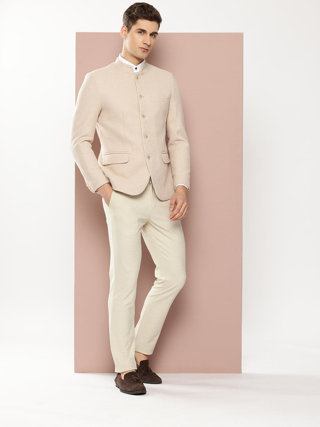 Thomas Scott Men Beige1 Regular Fit Long Sleeves Mandarin Collar Solid Formal and Wedding Wear Bandhgala Blazer