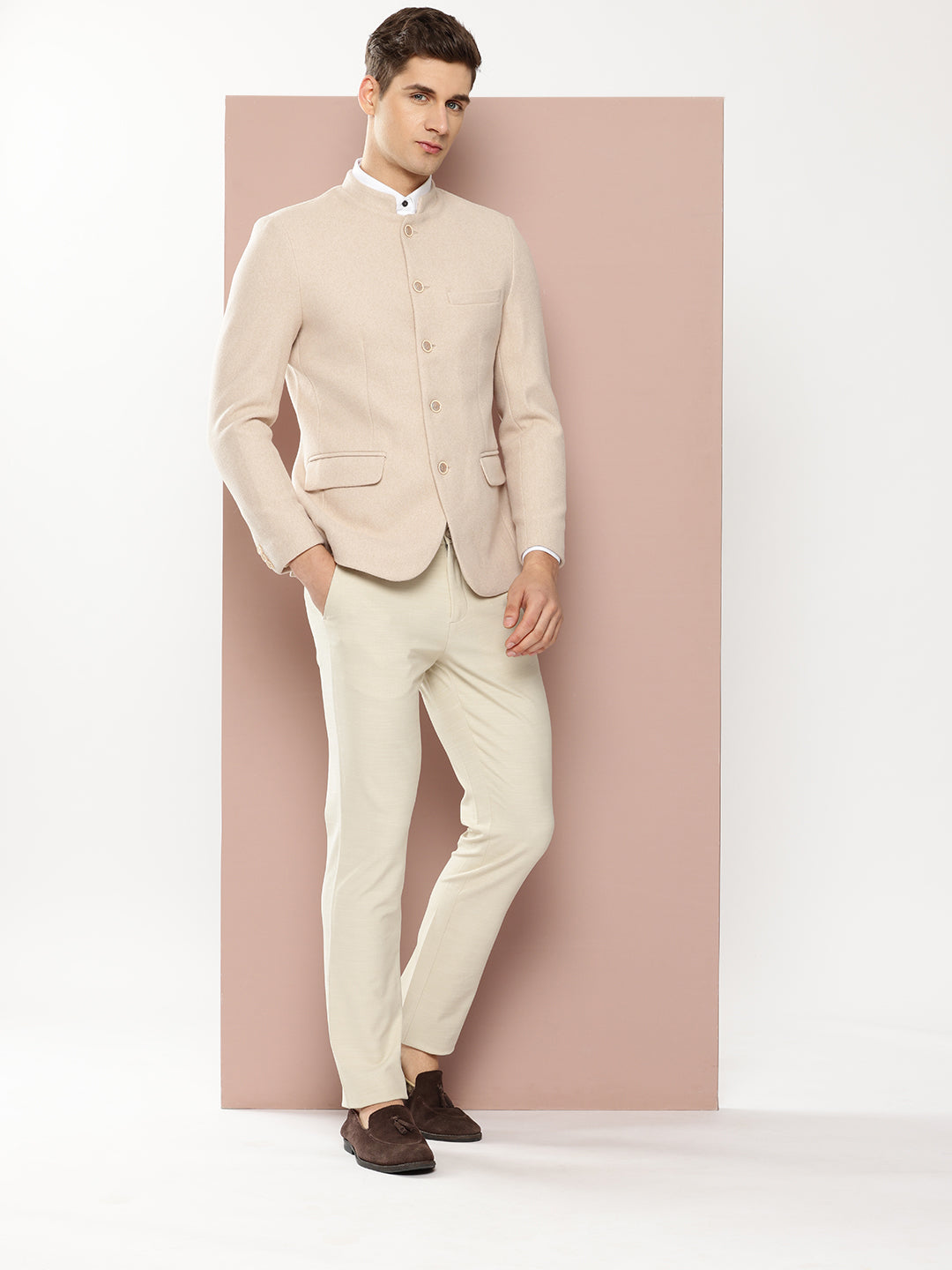 Thomas Scott Men Beige1 Regular Fit Long Sleeves Mandarin Collar Solid Formal and Wedding Wear Bandhgala Blazer
