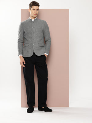 Thomas Scott Men Grey1 Regular Fit Long Sleeves Mandarin Collar Solid Formal and Wedding Wear Bandhgala Blazer
