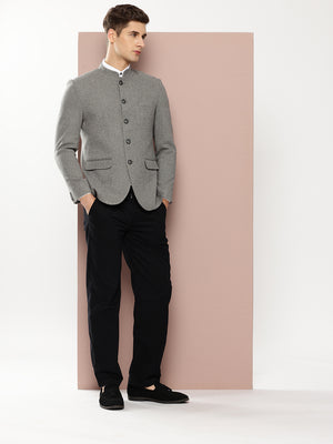 Thomas Scott Men Grey1 Long Sleeves Regular Fit Mandarin Collar Solid Formal and Wedding Wear Bandhgala Blazer