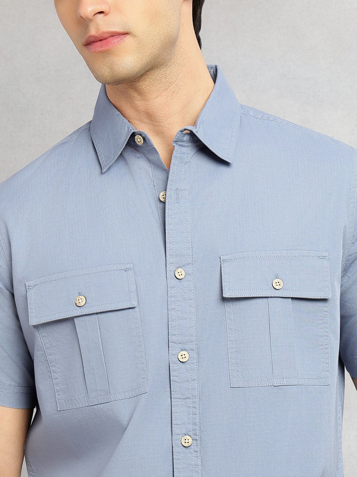Thomas Scott Men Blue Cricket Club Collection Slim Fit Short Sleeve Spread Collar 2 Flap Pockets Solid Design Cotton Twill Casual Shirt
