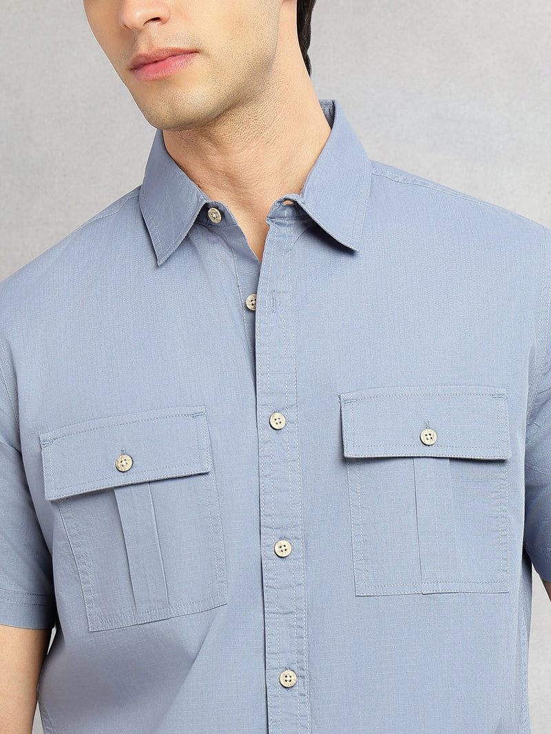 Thomas Scott Men Blue Cricket Club Collection Slim Fit Short Sleeve Spread Collar 2 Flap Pockets Solid Design Cotton Twill Casual Shirt