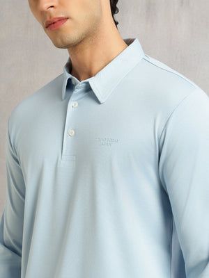 Thomas Scott Men Blue Regular Fit Long Sleeves Solid Viscose Rayon Knitted Polo Collar Performance Tshirt