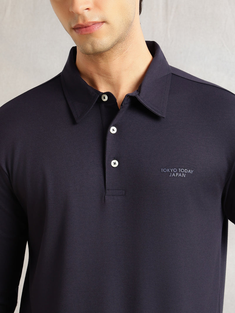 Thomas Scott Men Navy Regular Fit Long Sleeves Solid Viscose Rayon Knitted Polo Collar Performance Tshirt