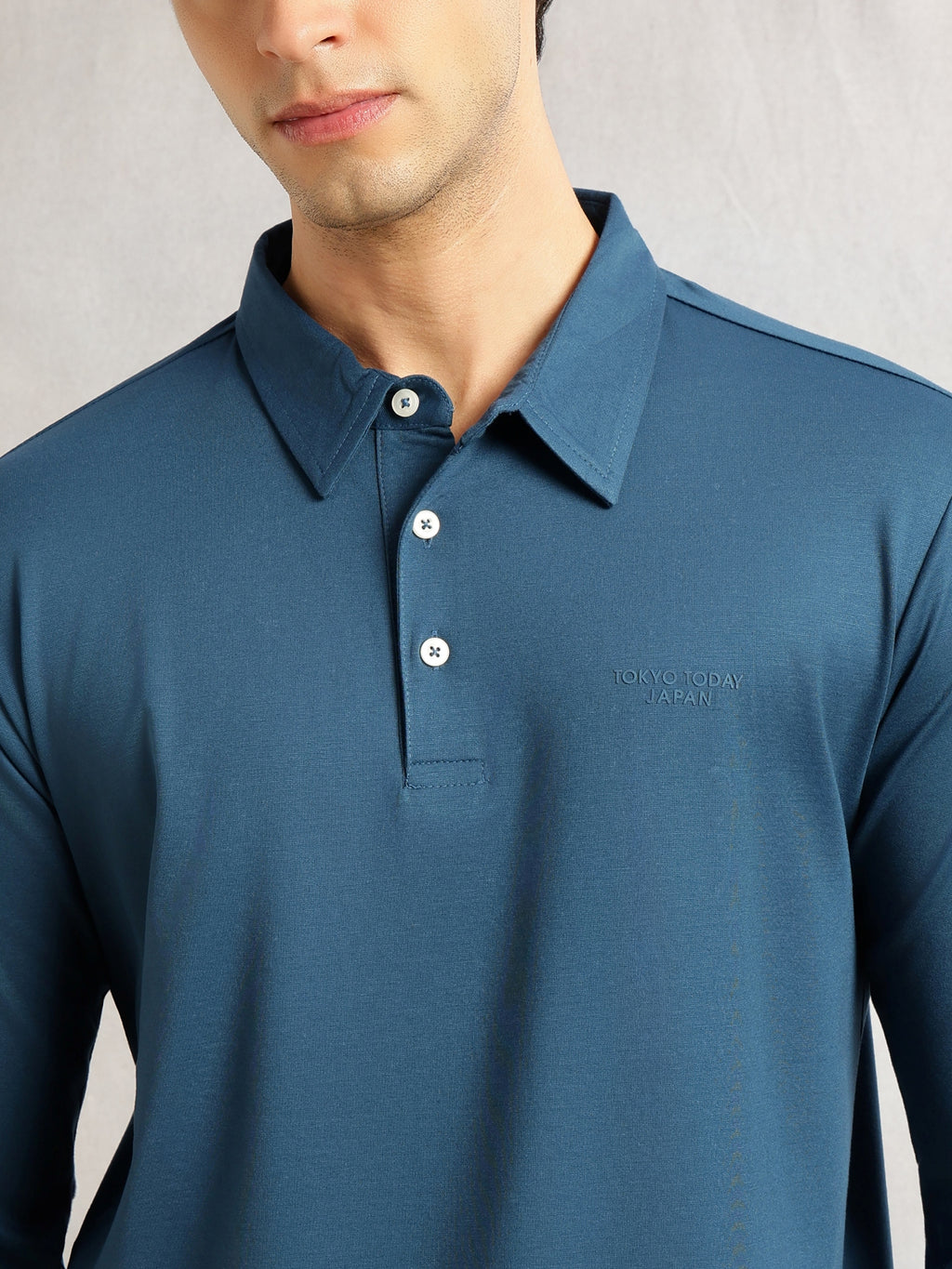 Thomas Scott Men Teal Regular Fit Long Sleeves Solid Viscose Rayon Knitted Polo Collar Performance Tshirt