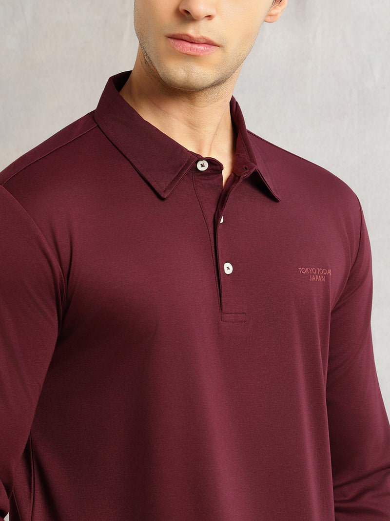 Thomas Scott Men Wine Regular Fit Long Sleeves Solid Viscose Rayon Knitted Polo Collar Performance Tshirt