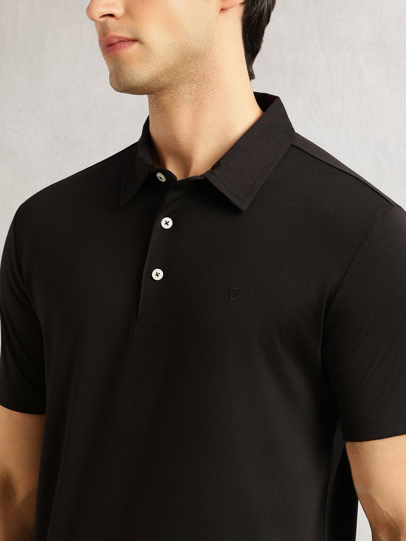 Thomas Scott Men Black Regular Fit Short Sleeves Viscose Rayon Solid Knitted Polo Collar Performance Tshirt