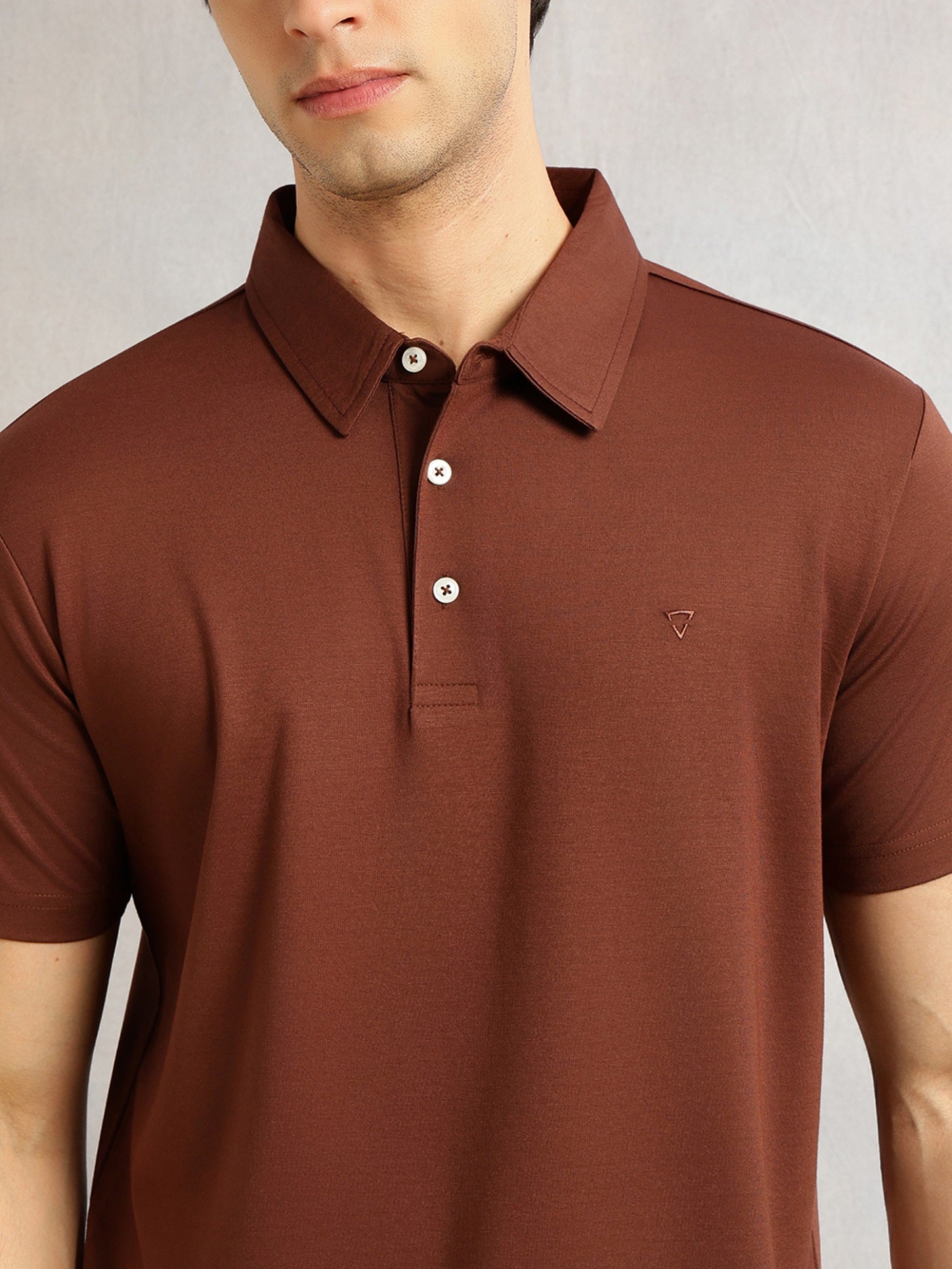 Thomas Scott Men Coffee Brown Regular Fit Short Sleeves Viscose Rayon Solid Knitted Polo Collar Performance Tshirt