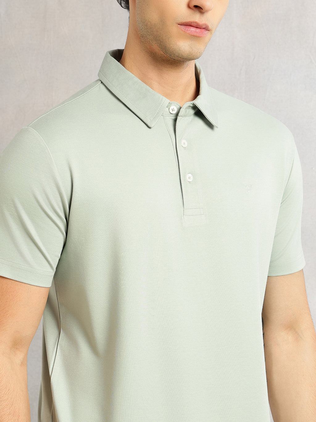 Thomas Scott Men Sage Green Regular Fit Short Sleeves Viscose Rayon Solid Knitted Polo Collar Performance Tshirt