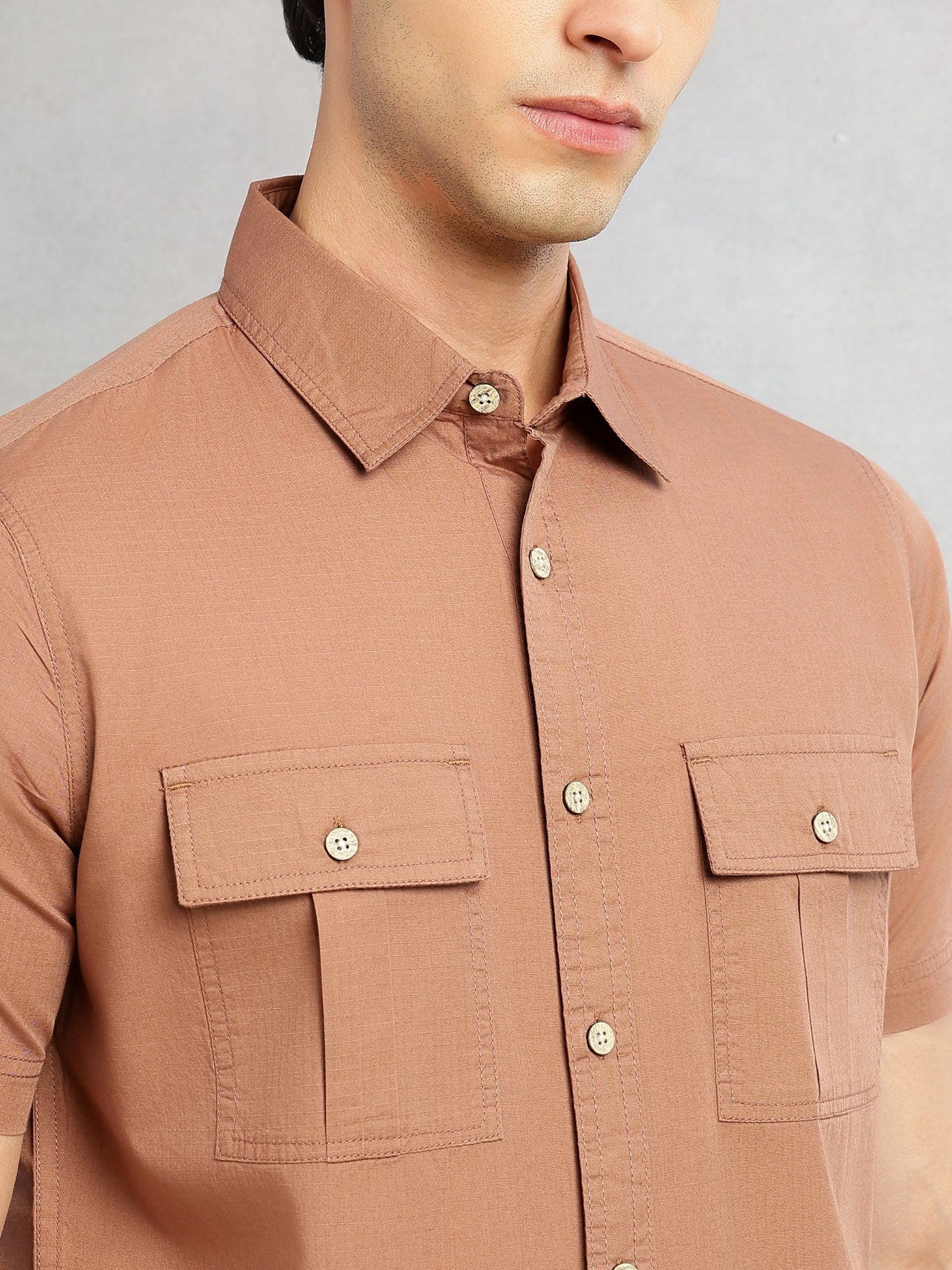 Thomas Scott Men Brown Cricket Club Collection Slim Fit Short Sleeve Spread Collar 2 Flap Pockets Solid Design Cotton Twill Casual Shirt