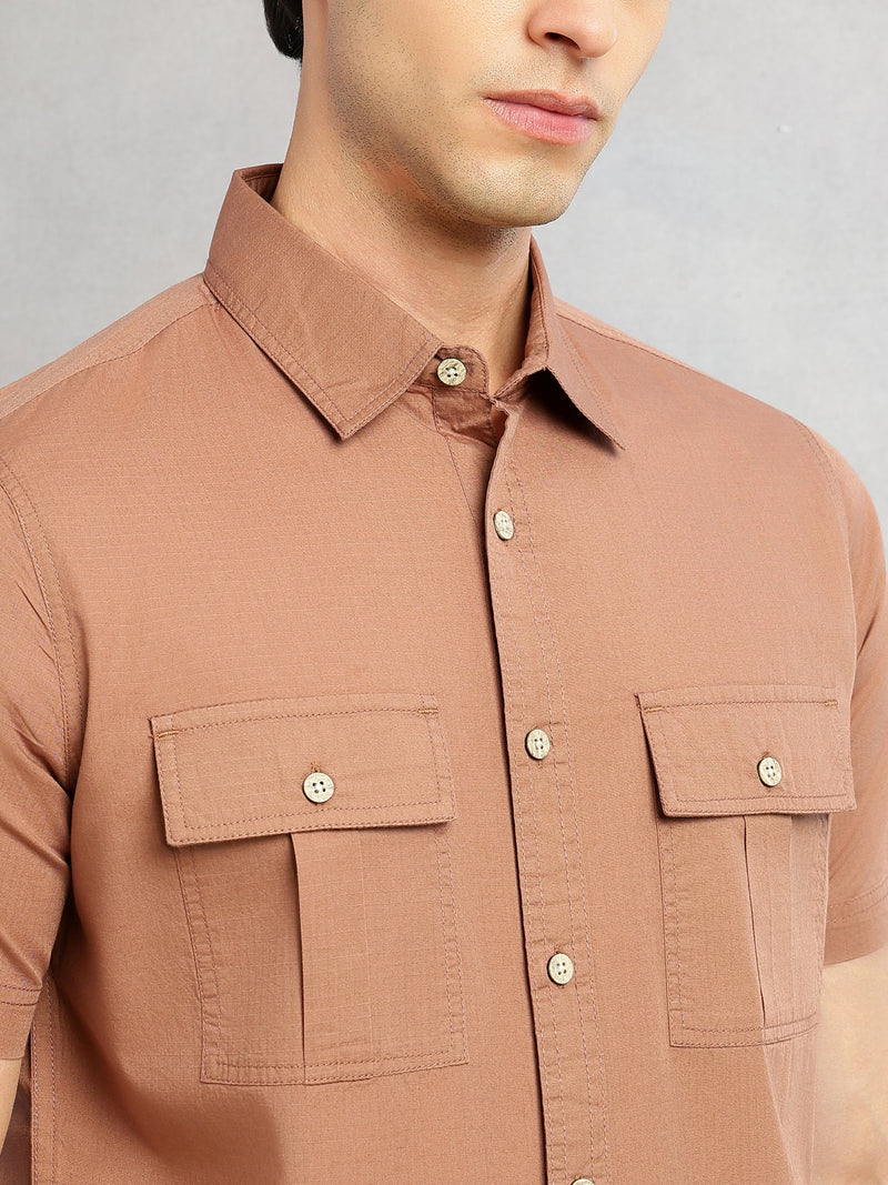 Thomas Scott Men Brown Cricket Club Collection Slim Fit Short Sleeve Spread Collar 2 Flap Pockets Solid Design Cotton Twill Casual Shirt