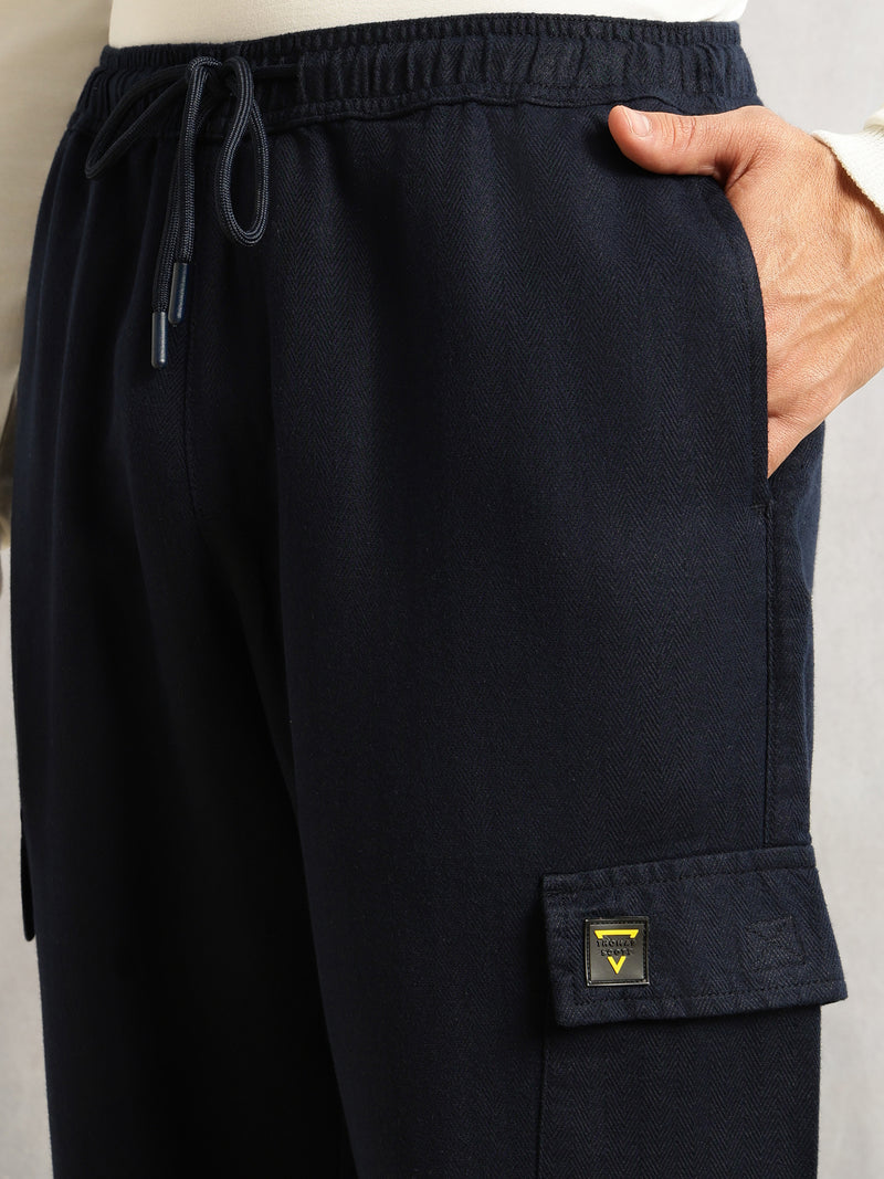 Thomas Scott Men Navy Regular Fit Mid-Rise Linen Cargo Trouser with Drawstring Closure , 5 Pocket Design